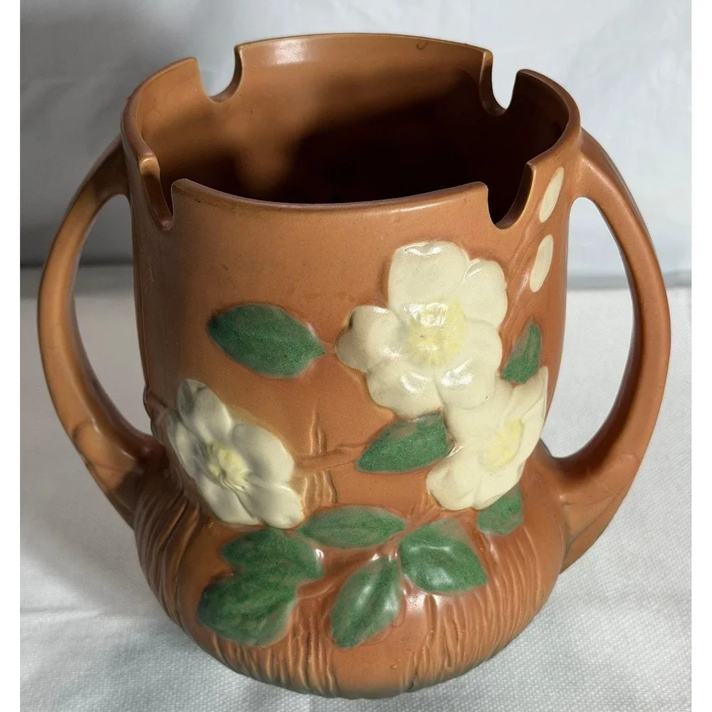 Roseville Pottery Clematis Brown Floral Double Handled Vase 985-8 VTG Art‎ Deco